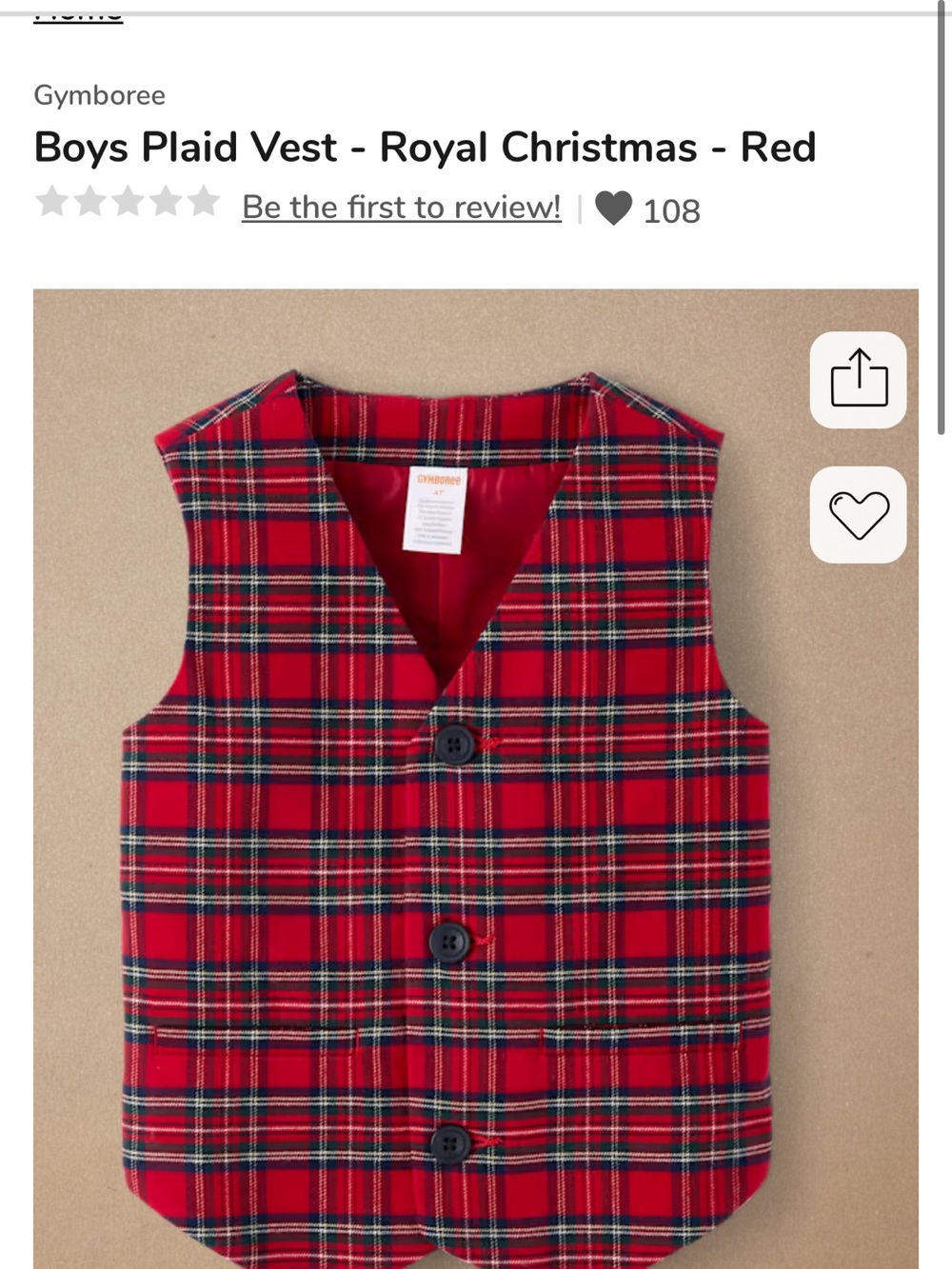 Gymboree Red Plaid Vest with Navy and Green Accents